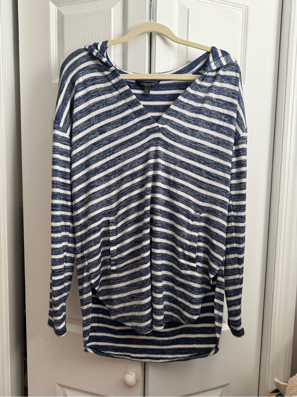 Banana Republic Navy and White Striped V-Neck Hoodie Sweater